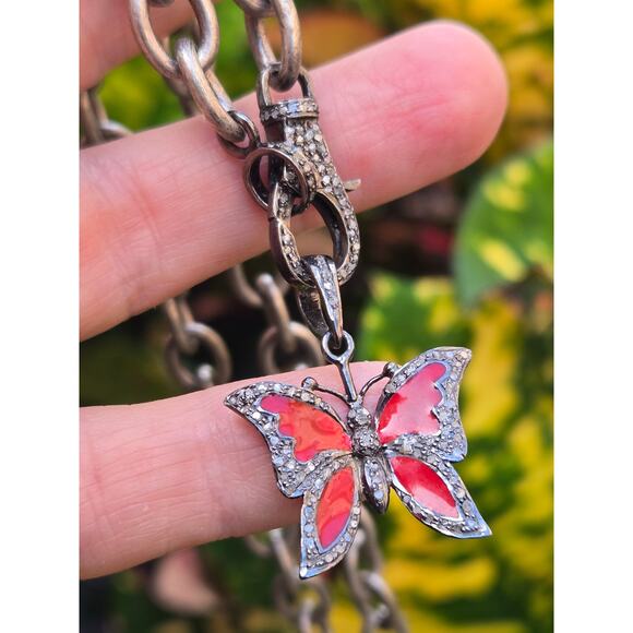 Sterling Silver Link Necklace w/Pave Diamond Clasp Red Enamel Butterfly Pendant - Picture 1 of 9